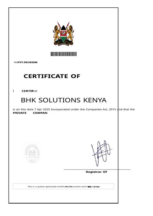 Certificate of incorporation for BHK Solutions Kenya Limited