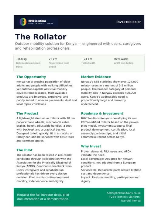 Front page of the BHK Solutions investor brief