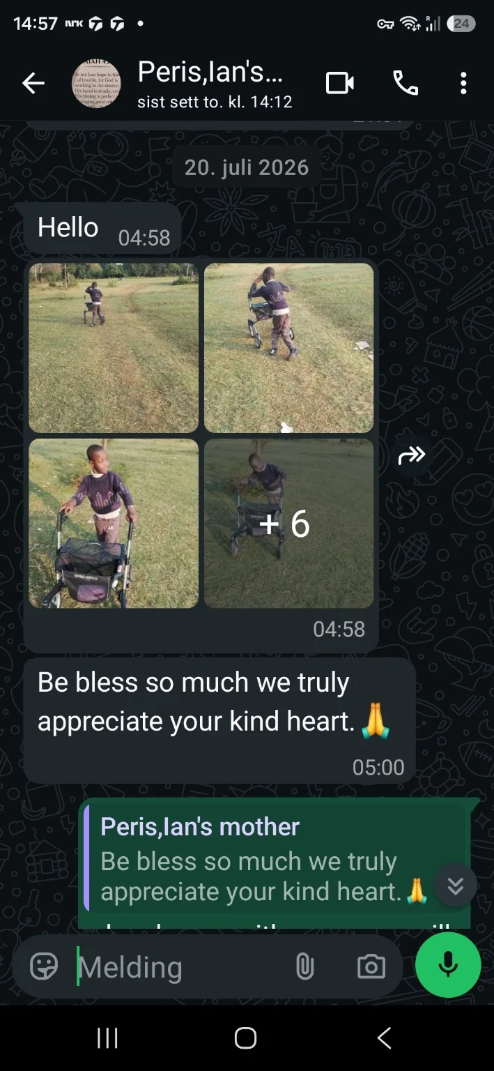 Message from Peris, Ian’s mother, sharing photos of Ian using the rollator